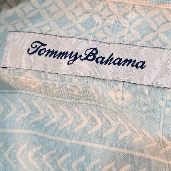 Tommy Bahama Mens Large Silk Shirt Blue Green Gradient Patterned Button Short S - Picture 7 of 9